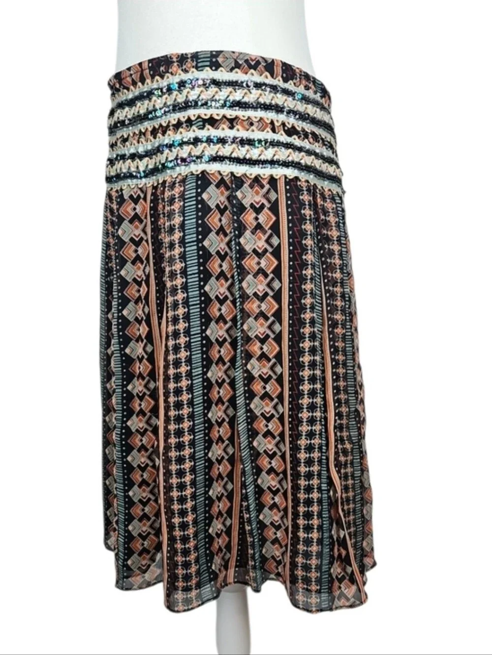 Free People Silk Skirt Sequin Bohemian Multicolor Boho Southwestern Festival 8
